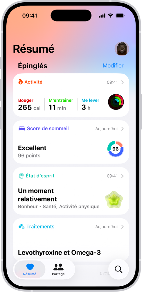 L’écran Résumé de Santé. Les informations relatives à l’activité, au score de sommeil, à l’état d’esprit et aux traitements s’affichent sous Épinglés.
