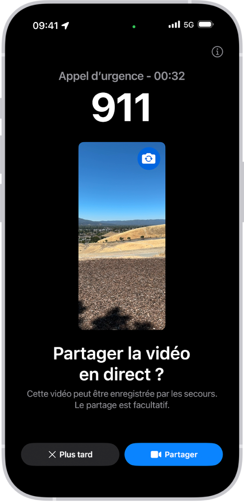 Un écran « Vidéo en direct d’Appel d’urgence » affichant un appel téléphonique aux secours, avec un aperçu vidéo au milieu de l’écran. En bas de l’écran se trouvent les boutons « Plus tard » et « Partager la vidéo ».