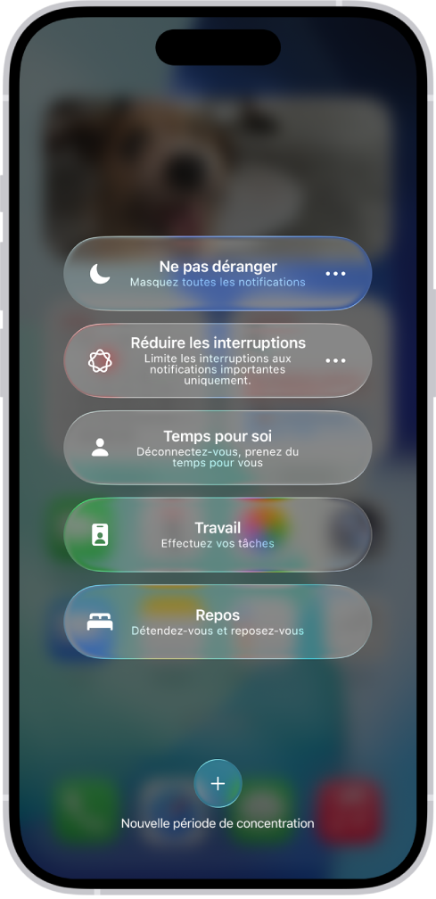 Le centre de contrôle affichant les options de concentration, avec des boutons pour régler la durée des options de concentration.