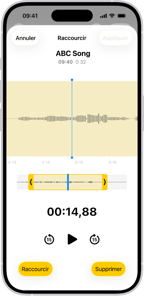 Un enregistrement en cours de modification, avec les poignées d’élagage jaunes entourant une partie de la forme d’onde audio en bas de l’écran. Un bouton Lecture et un minuteur d’enregistrement s’affichent sous la forme d’onde. Les poignées d’élagage se trouvent sous le bouton Lecture. De part et d’autre du bouton Lecture se trouvent deux boutons : le bouton Raccourcir, qui permet de supprimer la partie de l’enregistrement située à l’extérieur des poignées, et le bouton Supprimer, qui permet de supprimer la partie de l’enregistrement située entre les poignées.