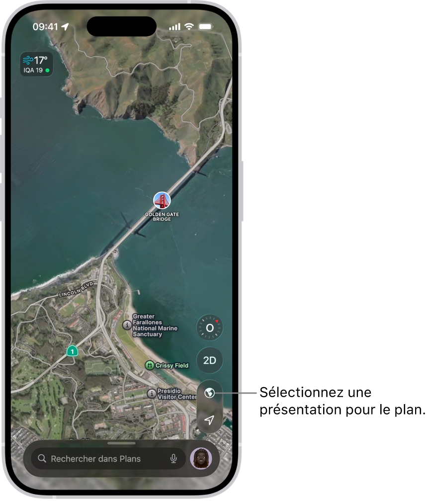 Plan d’un parc et de rues en 3D affichant des arbres, des points d’intérêt, ainsi que des lieux, par exemple des toilettes.