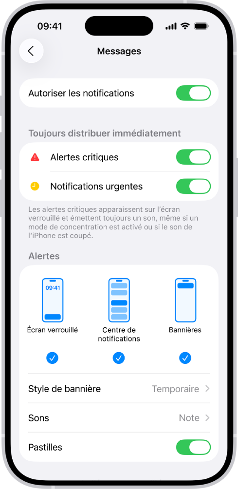 Les réglages des notifications de Messages dans Réglages.