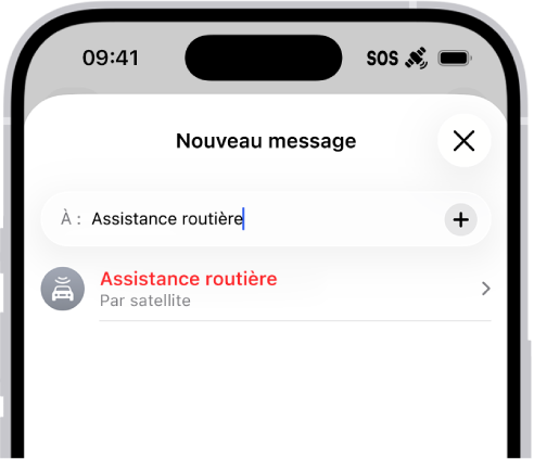 Un nouveau message adressé à « assistance ». En dessous se trouve un lien vers Assistance routière par satellite.