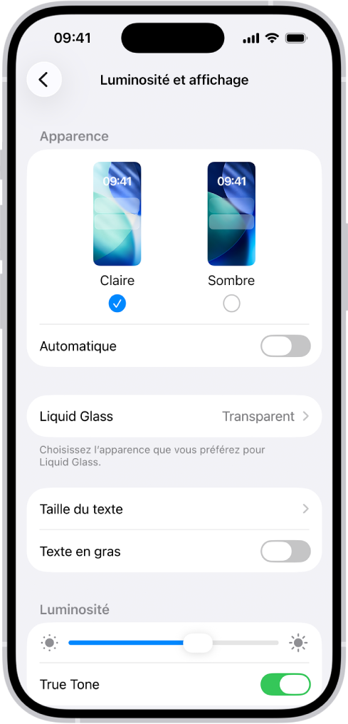L’écran Luminosité et affichage dans Réglages.