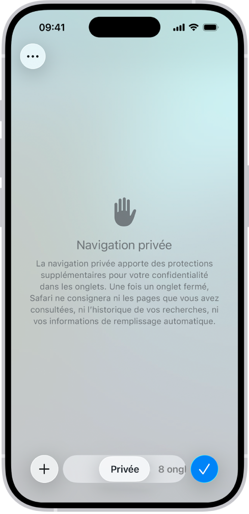 Un écran de navigation privée dans l’app Safari. Le mot Privée s’affiche dans le champ en bas de l’écran.