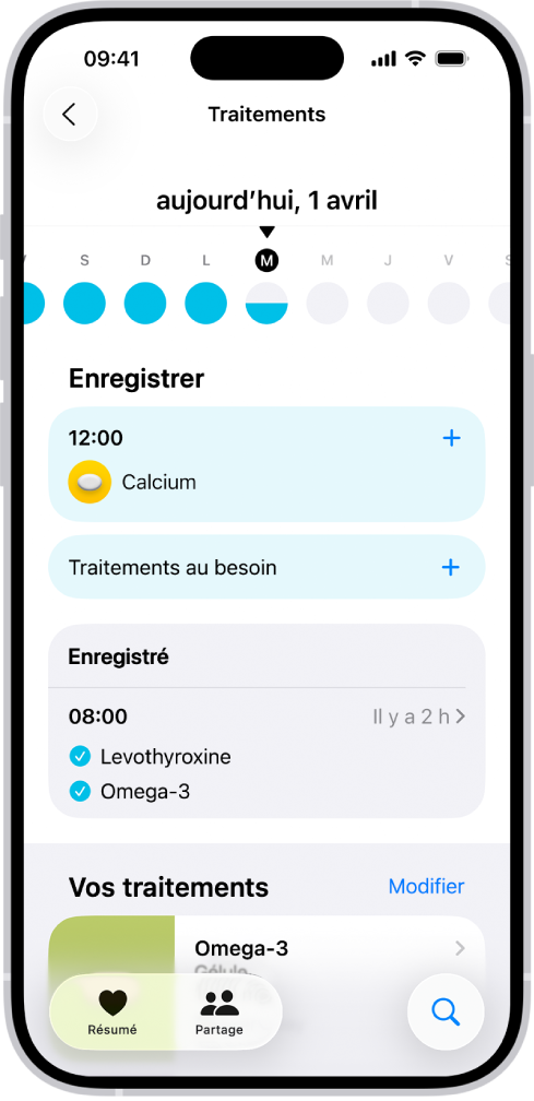L’écran Traitements dans Santé, avec la date et un journal des traitements.