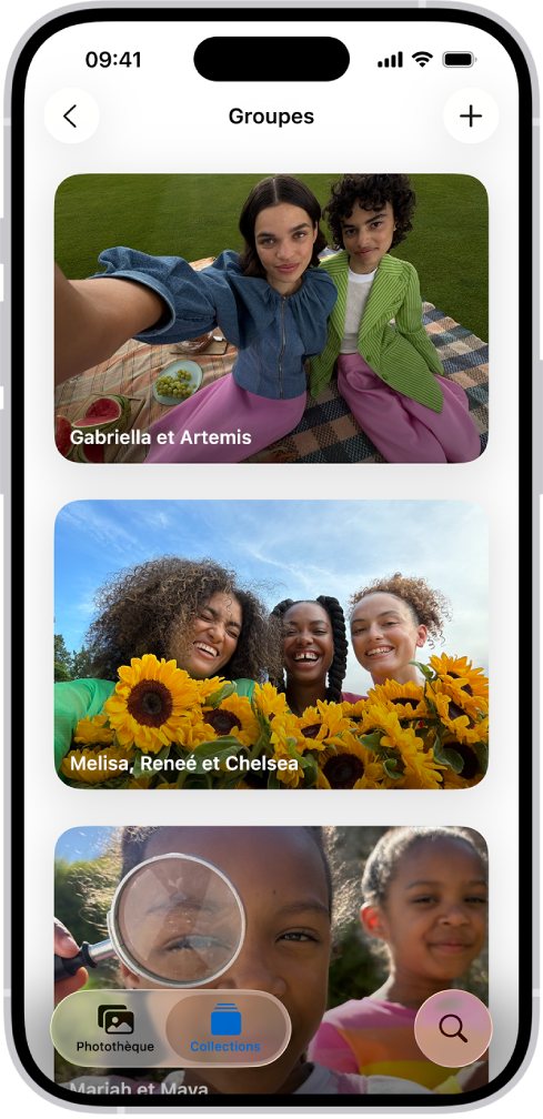 Des groupes sont ouverts dans la section « Personnes et animaux » de l’app Photos. Une liste de collections portant les noms des personnes incluses dans le groupe est affichée.