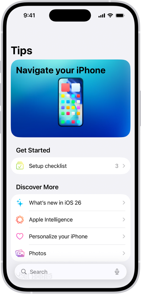 તીર સાથે ટિપ્સનું કલેક્શન દર્શાવતી સ્ક્રીન જે સૂચવે છે કે તમે કલેક્શનમાંની ટિપ્સ જોવા માટે તેના પર ટૅપ કરી શકો છો.