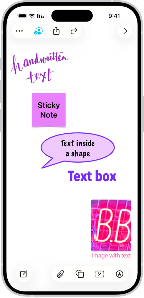 לוח Freeform עם מלל בציור, בפתק נדבק, בצורה, בתיבת מלל ובתמונה.