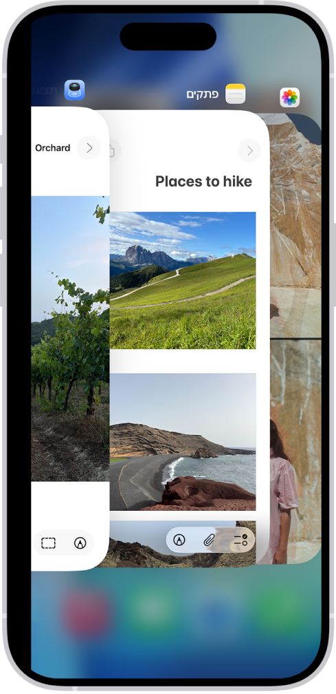 בורר היישומים. האייקונים של היישומים הפתוחים מופיעים בראש המסך, והמסך הנוכחי של כל יישום פתוח מופיע מתחת לאייקון שלין.
