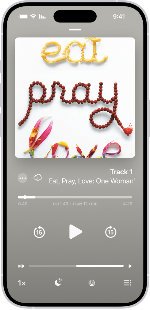 מסך נגן ספרי השמע שמציג, מלמעלה למטה את כריכת ספר השמע, שם המקטע שמתנגן, סמן המיקום והכפתורים לדילוג אחורה וקדימה. מחוון עוצמת השמע ממוקם בתחתית המסך, ומתחתיו ממוקמים כפתורים לשליטה במהירות ההפעלה, להגדרת שעון שינה, לבחירת יעד ההפעלה ולהצגת רשימה של רצועות הספר.