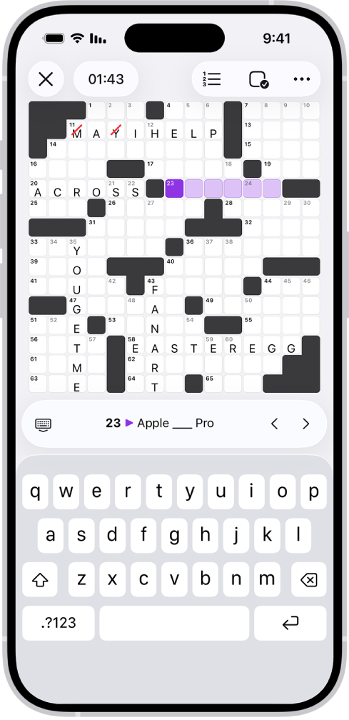 תשבץ פתור חלקית, עם פקדים מעליו ומקלדת פתוחה למטה.