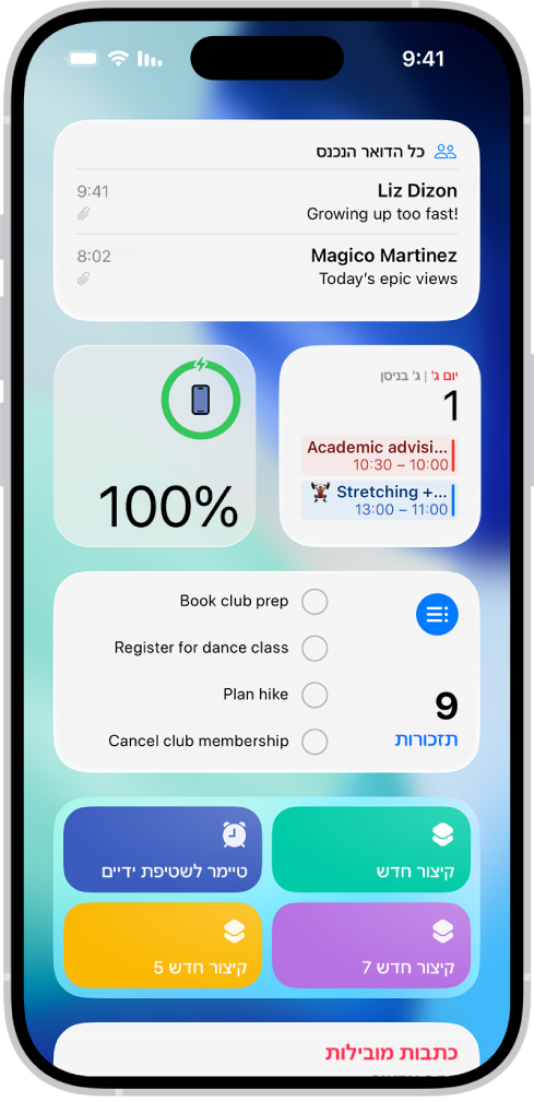 וידג׳טים שמופיעים בתצוגת ״היום״, כולל הווידג׳טים ״תזכורות״, ״תמונות״, ״סוללה״, ״לוח שנה״, ״טיפים״ ועוד. יש להקיש על אחד מהם כדי להוסיף אותו למסך הבית.