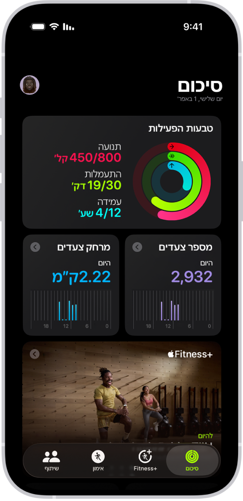 מסך ״סיכום״ ביישום ״כושר״, עם האזורים ״טבעות פעילות״, ״ספירת צעדים״, ״מרחק צעדים״ ו״מגמות״.