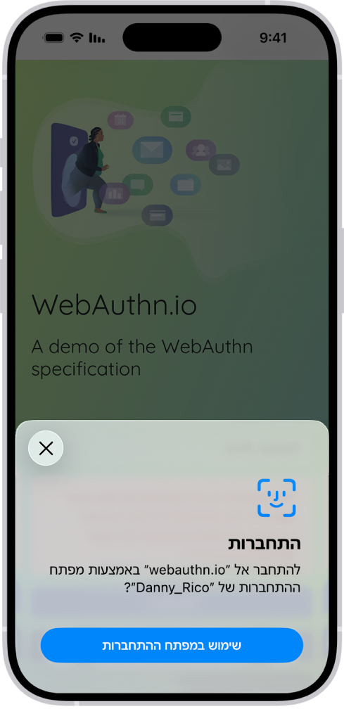 החצי התחתון של מסך ה-iPhone עם האפשרות להשתמש במפתחות התחברות כדי להיכנס לאתר.