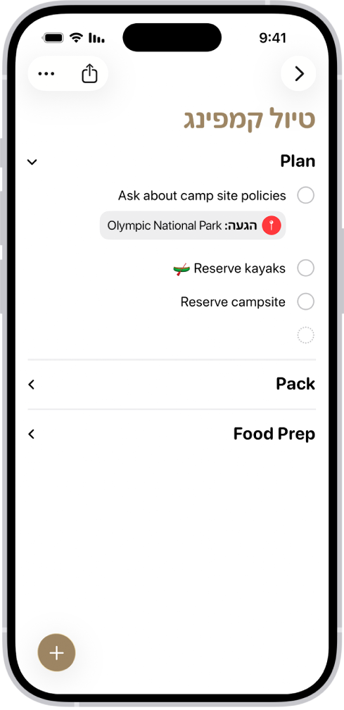 היישום ״תזכורות״ מציג רשימה שבה מקטע אחד מורחב והאחרים מכווצים.