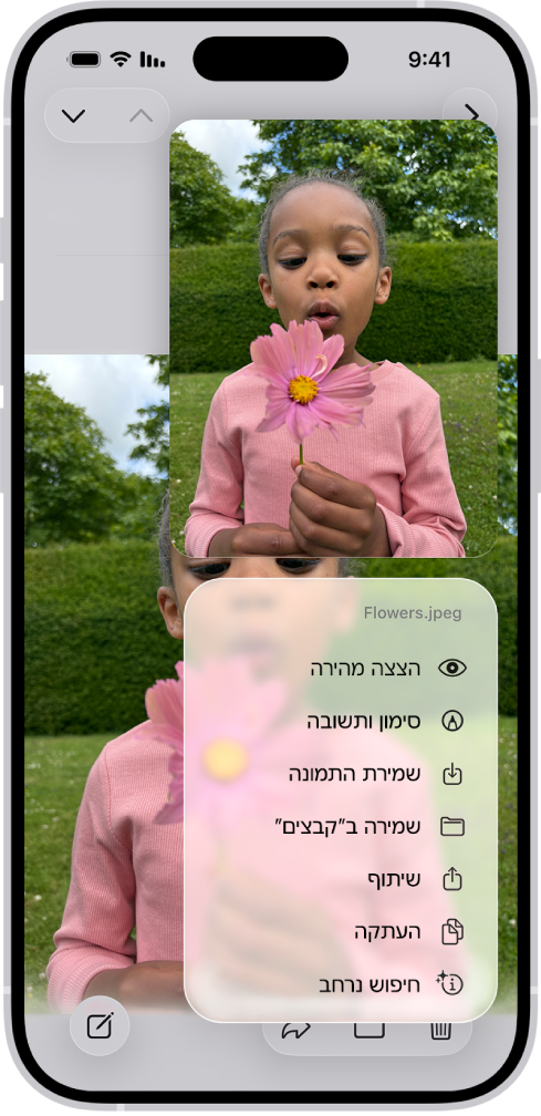 בחירה בקובץ מצורף בהודעת דוא״ל עם פירוט פעולות אפשריות.