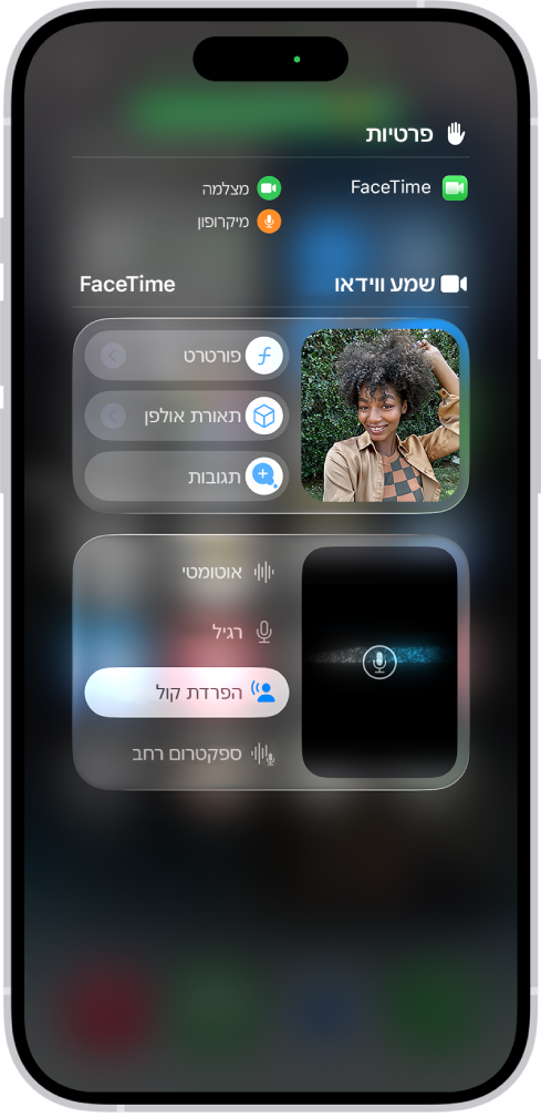 מרכז הבקרה מציג אפשרויות לאפקטי שמע ווידאו.