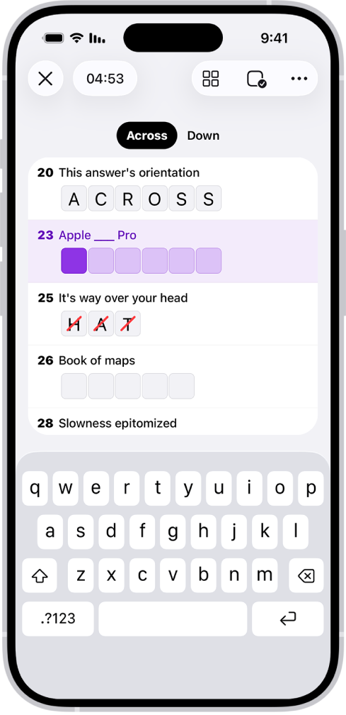 תשבץ פתור חלקית בתצוגת רשימה ומתחתיו ומקלדת פתוחה למטה.