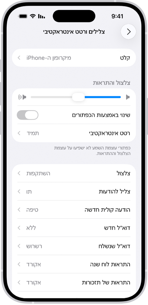מסך ״צלילים ורטטים״ ב״הגדרות״.