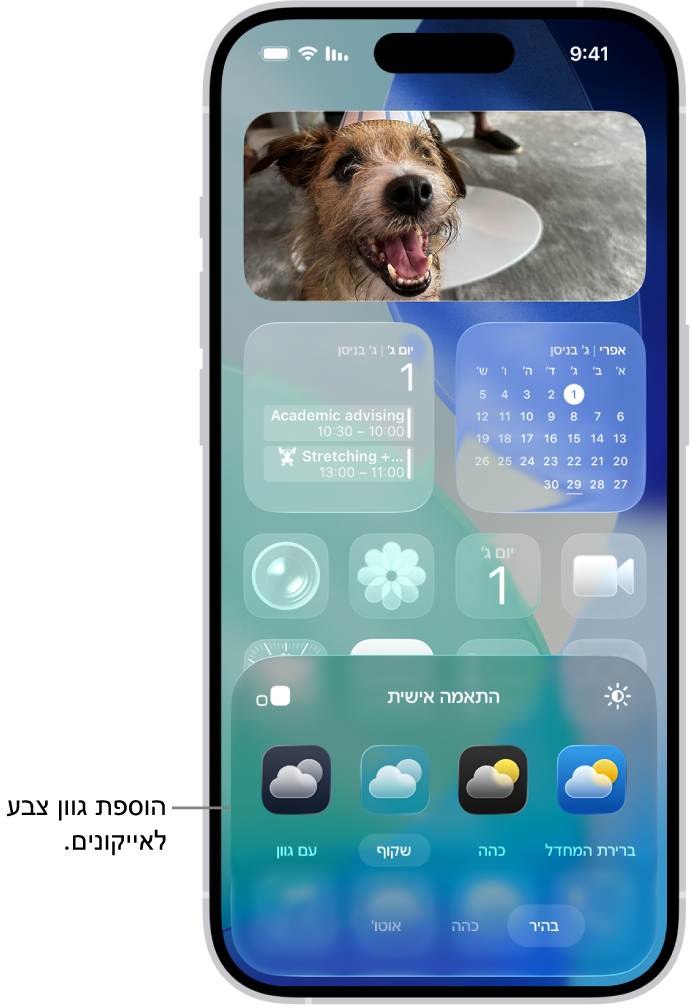 מסך בית בהתאמה אישית עם אייקונים שקופים צבועים בכחול שמסודרים כך שהם יוצרים מסגרת לתמונה, ופקדים בתחתית המסך להתאמה אישית של אייקונים. האפשרויות כוללות את הכפתורים ״אוטומטי״, ״כהה:״, ״בהיר״ ו״בגוון״, אפשרויות לבחירת צבע ורוויה, וכפתורי ״קטן״ ו״גדול״ להגדרת גודל האייקונים.