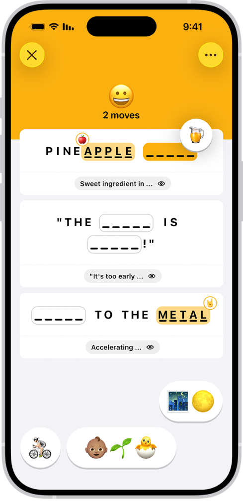 ה-Emoji Game, שבו ניתן לראות את מספר המהלכים, שני סמלי אמוג׳י ששובצו כתשובה, ועוד אחד שעומד להשתבץ במקום שעדיין עומד ללא פתרון.