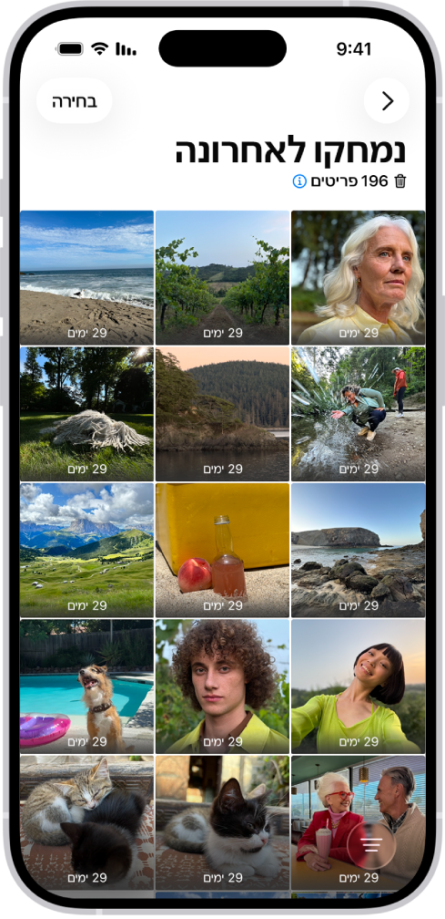 התיקייה ״נמחקו לאחרונה״ ביישום ״תמונות״. תמונות שנמחקו לאחרונה מופיעות ברשת על המסך.
