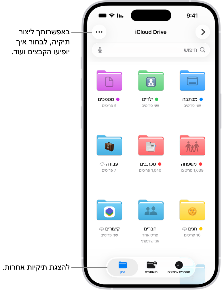 היישום ״קבצים״ מציג את הקבצים והתיקיות ב‑iCloud Drive. התפריט ״עוד״ כולל אפשרויות לבחירת פריטים, ליצירת תיקיה חדשה, לסריקת מסמכים״ ולהתחברות לשרת. מתחת לזה מופיעים אפשרויות להצגת פריטים במסך כאייקונים או כרשימה. בתחתית המסך רואים את אפשרויות המיון לפי ״שם״, ״סוג״, ״תאריך״, ״גודל״ ו״תגיות״ ואחריהם ״הצגת אפשרויות״.