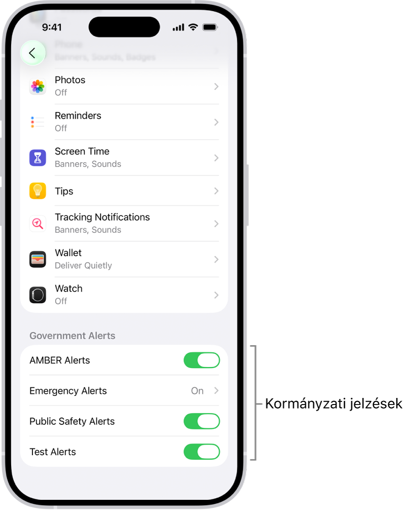 Az értesítések képernyője azokkal a kormányzati jelzésekkel, amelyeket bekapcsolhat, ha kormányzati jelzéseket szeretne kapni.