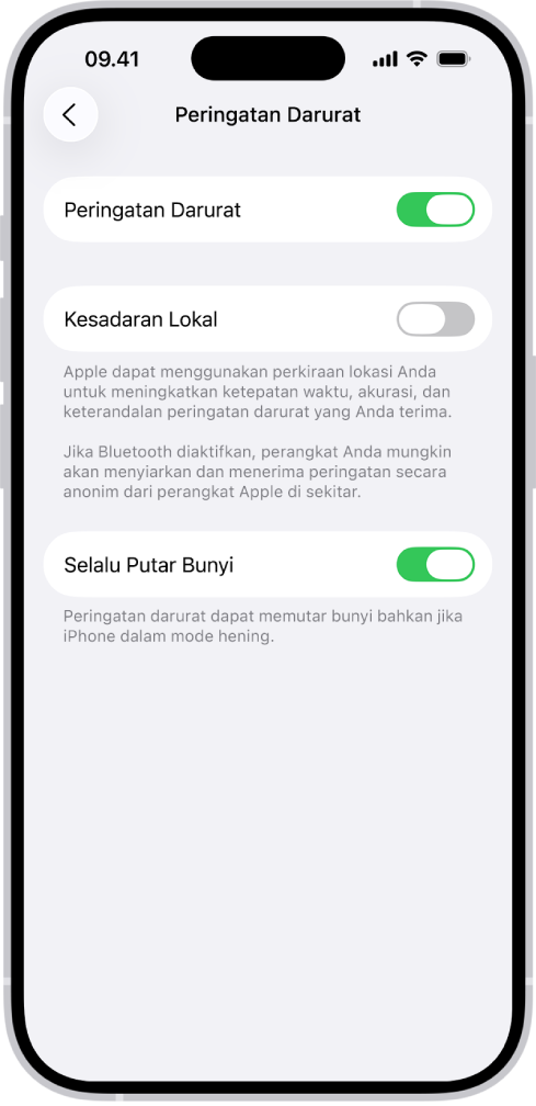 Layar Peringatan Darurat, dengan Peringatan Darurat, Kesadaran Lokal, dan Selalu Putar Bunyi dinyalakan.