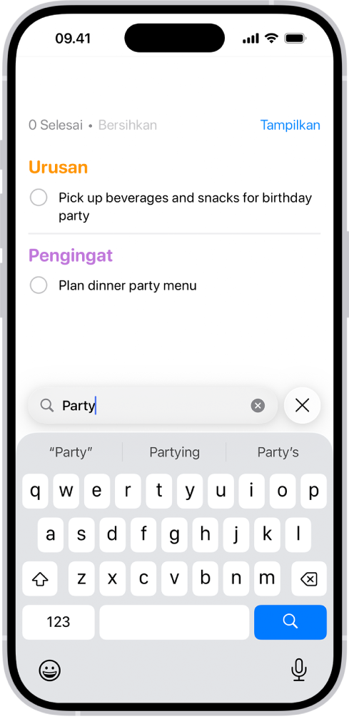 Hasil pencarian di app Pengingat yang menampilkan tugas yang menyertakan kata “party.”