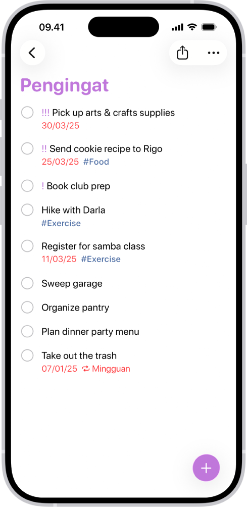 App Pengingat, menampilkan tugas baru yang ditambahkan ke daftar Pengingat.