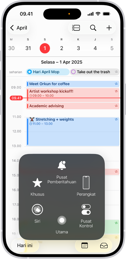 iPhone dengan menu AssistiveTouch yang terlihat yang menampilkan kontrol untuk Pusat Pemberitahuan, Perangkat, Pusat Kontrol, Rumah, Gerakan, dan Khusus.