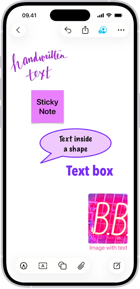 Bidang Freeform dengan teks yang diolah di gambar, catatan sticky, bentuk, kotak teks, dan gambar.