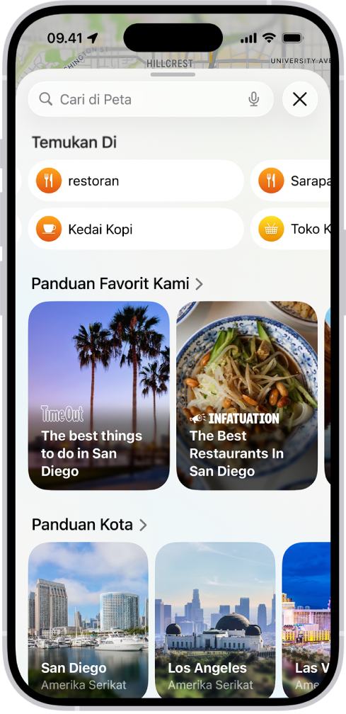 App Peta menampilkan bidang pencarian, kategori layanan di sekitar, dan panduan kota. Di bagian bawah layar terdapat papan ketik pada layar iPhone.