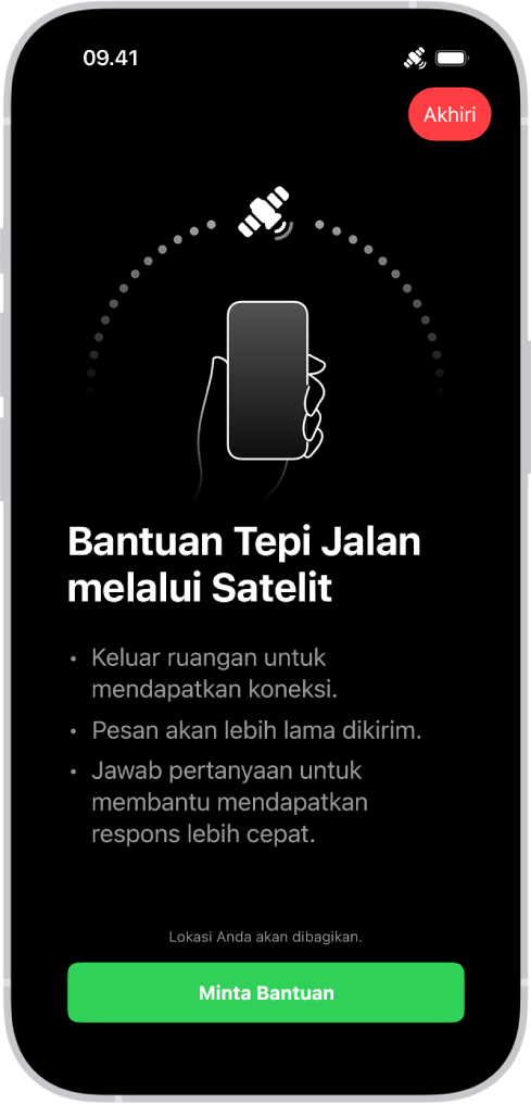 Layar Bantuan Tepi Jalan melalui satelit. Tombol Minta Bantuan ada di bagian bawah layar.