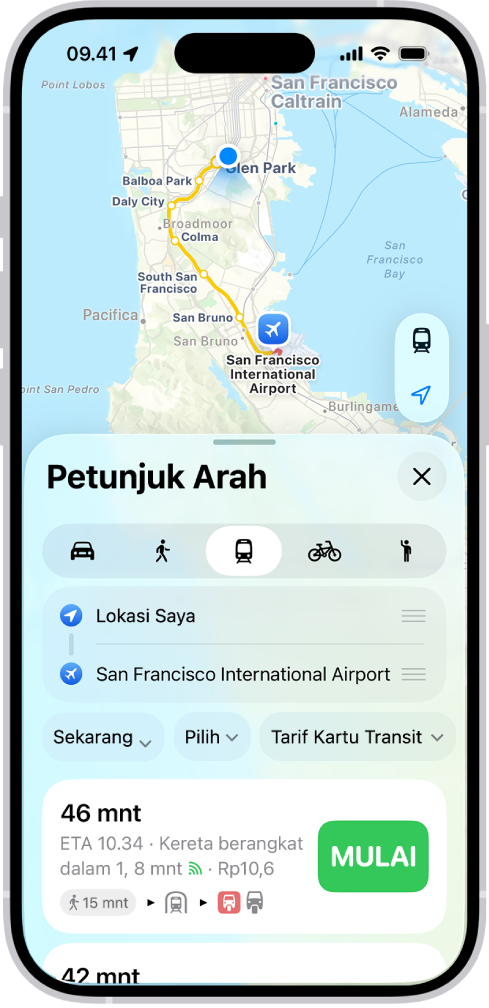 Peta menampilkan rute transit. Kartu rute di bagian bawah menyediakan detail untuk rute, termasuk perkiraan waktu perjalanan dan total biaya. Tombol Mulai muncul di sebelah kanan detail.