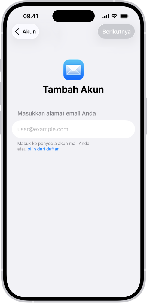 Layar Tambah Akun dengan bidang untuk memasukkan alamat email Anda.