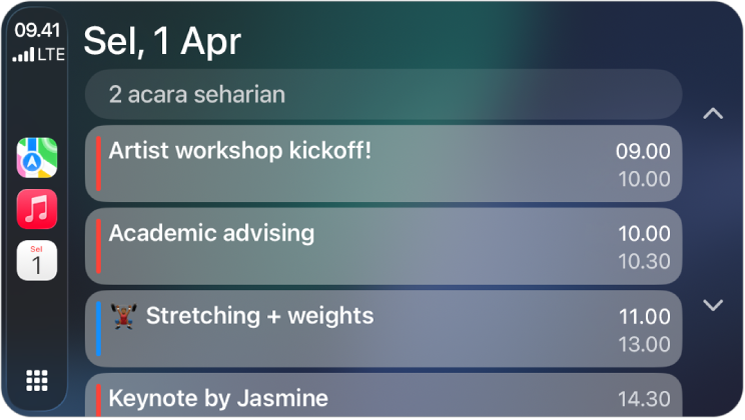 CarPlay menampilkan Peta, Musik, dan Kalender di Bar Samping. Di sebelah kanan terdapat acara untuk Sen, 5 Juni untuk sesi kerja portofolio, lokakarya keterampilan kepemimpinan, persiapan presentasi, dan latihan paduan suara.