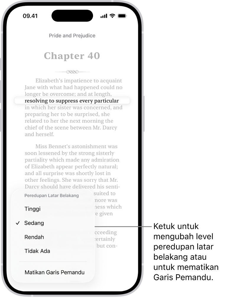 Halaman buku di app Buku. Satu baris teks disorot dan sisa teks diredupkan. Di pojok kiri bawah layar terdapat tombol Menu Garis Pemandu.