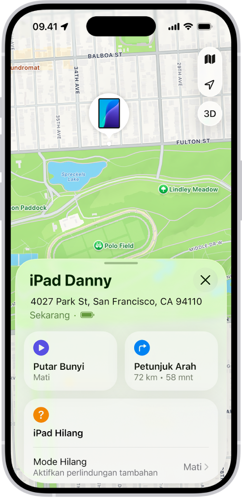 Layar Lacak menampilkan lokasi iPad di peta di bagian atas layar.