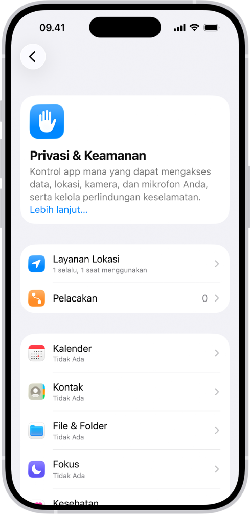 Layar Privasi & Keamanan, dengan pengaturan untuk Layanan Lokasi dan Pelacakan, serta pengaturan untuk mengontrol app mana yang dapat mengakses data Anda.