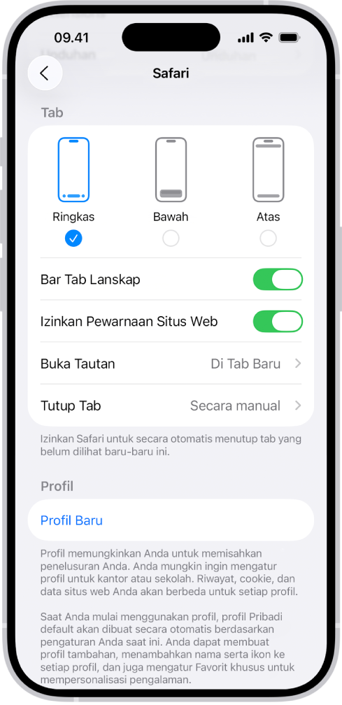 Layar menampilkan tiga pilihan tata letak Safari: Ringkas, Bawah, dan Atas.