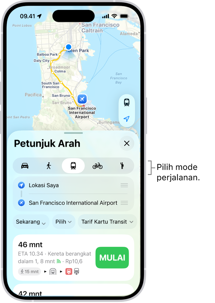 Peta menampilkan beberapa pilihan rute di antara dua lokasi, dengan tombol untuk memilih mode perjalanan lainnya, mengalihkan titik awal dan tujuan, dan melihat petunjuk arah sebagai langkah.