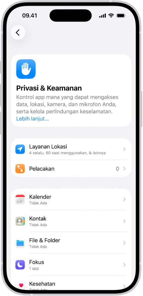 Layar Privasi & Keamanan di Pengaturan.