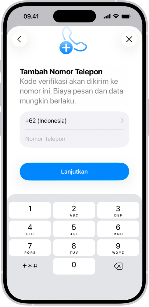 Layar Tambah Nomor Telepon di Pengaturan.