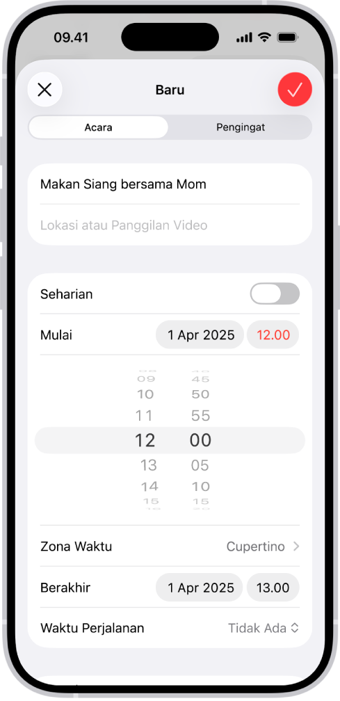 Acara kalender menampilkan pengaturan untuk waktu dan zona waktu acara.