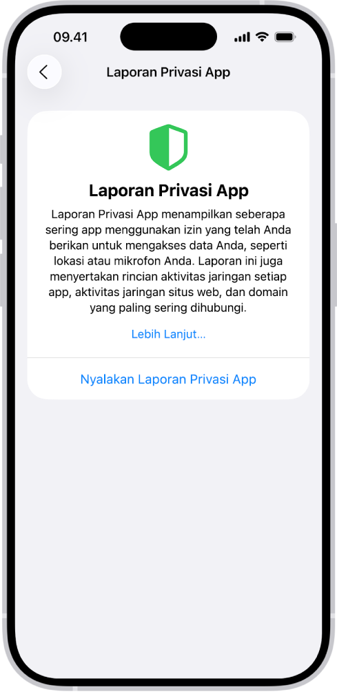 Laporan Privasi App yang mencantumkan informasi mengenai app untuk kategori Akses Data & Sensor, serta informasi mengenai app untuk kategori Aktivitas Jaringan App.