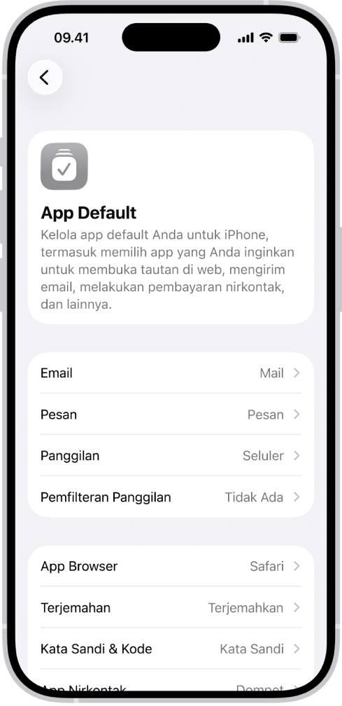 Layar untuk mengubah app default Anda untuk mengirim email, menelusuri web, dan lainnya.