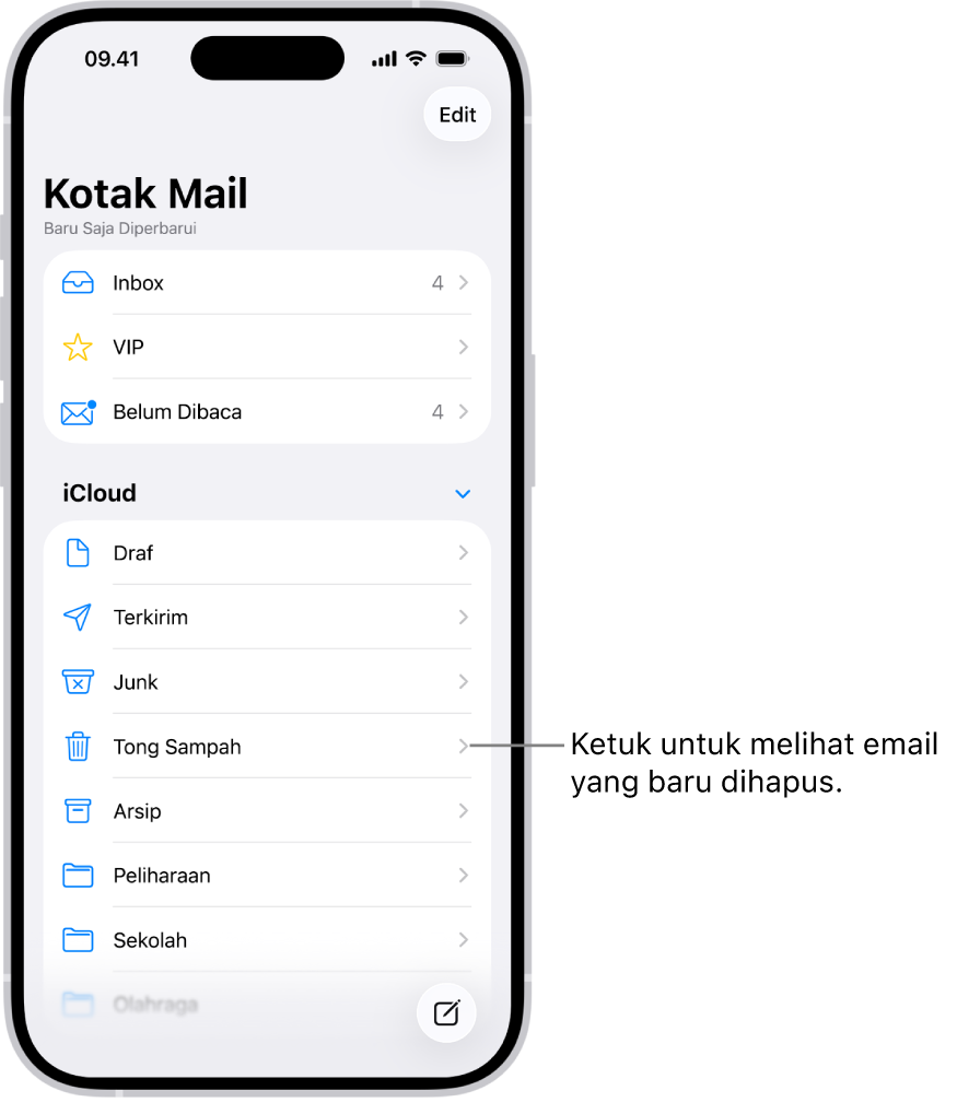 Layar Kotak Mail. Di bawah iCloud, kotak mail tercantum dari atas ke bawah, termasuk kotak mail Tong Sampah. Ketuk untuk melihat pesan yang baru dihapus.